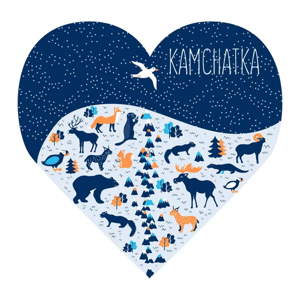 Forma de ilustración de vector de viajes Kamchatka península historieta en centro, Distrito Federal del lejano Oriente, Rusia, Ruso símbolo colorido, animales salvajes icono decorativo, oso, gropher, volcanes, montañas Ilustración De Stock