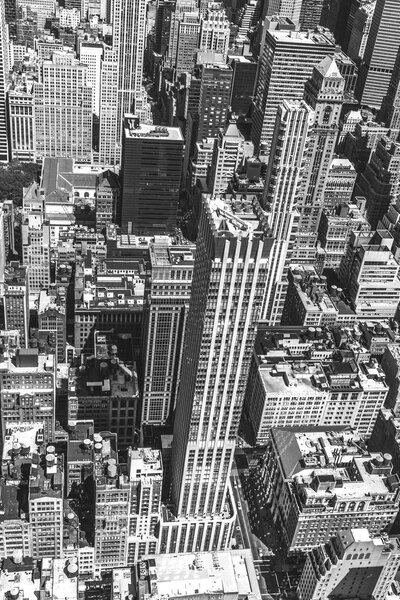 New York City Manhattan skyline aerial view with skyscrapers and street. Black and white photo.