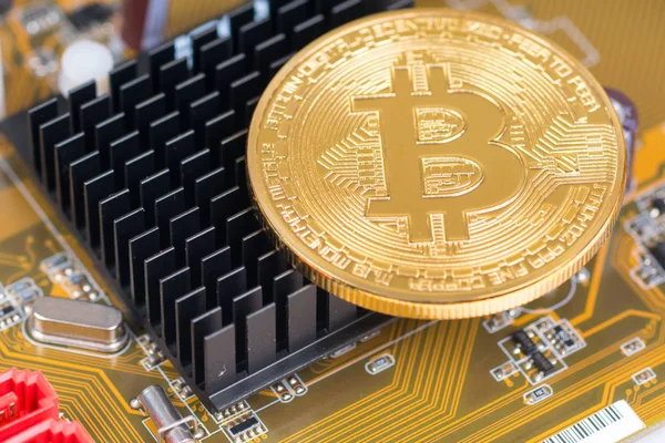 İşlemci bitcoin metalik madeni para ile cryptocurrency mini soğutucu — Stok fotoğraf