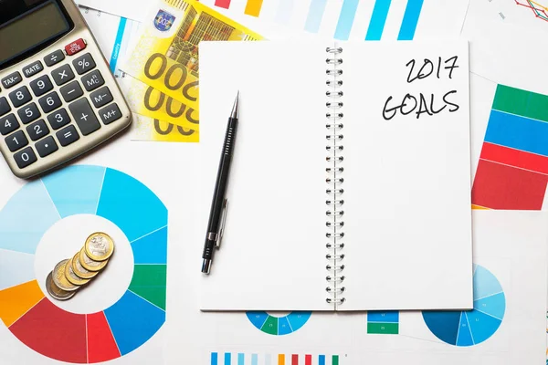 2017 goals title on colorful charts, calculator and euro money b