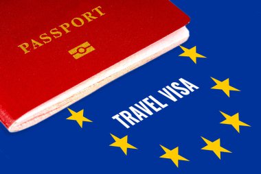 seyahat vizesi, beyaz metin eu bayrağı ve pasaport üzerine