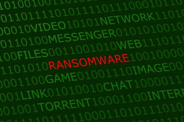 Fidye teçhizatı, yeşil dijital arkaplan üzerindeki kullanıcı etkinlikleri arasında kırmızı alarm