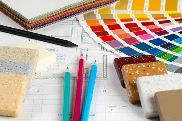 Interior Designer Working Place Material Samples — Stock Photo, Image