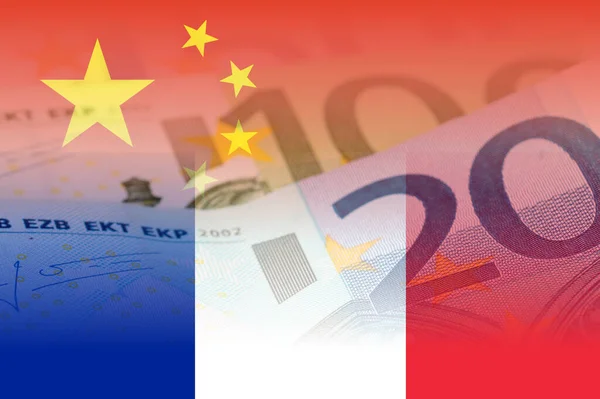 Porcelánové Francouzské Vlajky Smíšeným Vyobrazením Eurobankovek — Stock fotografie