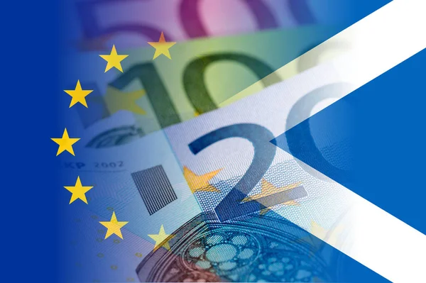 Skotské Vlajky Vlajky Smíšeným Vyobrazením Eurobankovek — Stock fotografie