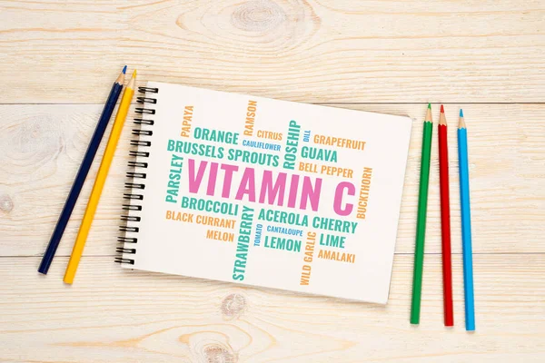 Vitamin Foods Cloud Notebook Colorful Pencils White Table — Stock Photo, Image