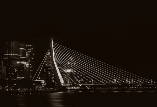 Vista nocturna del puente Erasmus en Rotterdam, Países Bajos — Foto de Stock