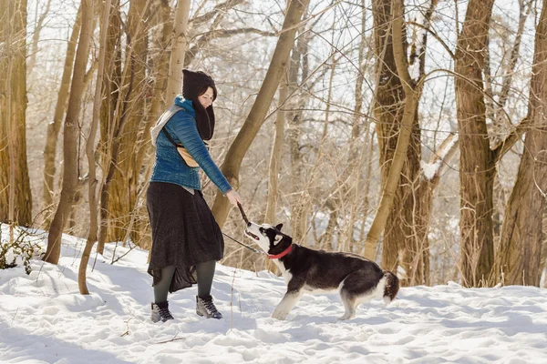 Vrouw speelt met haar hond husky in de sneeuw — Stockfoto