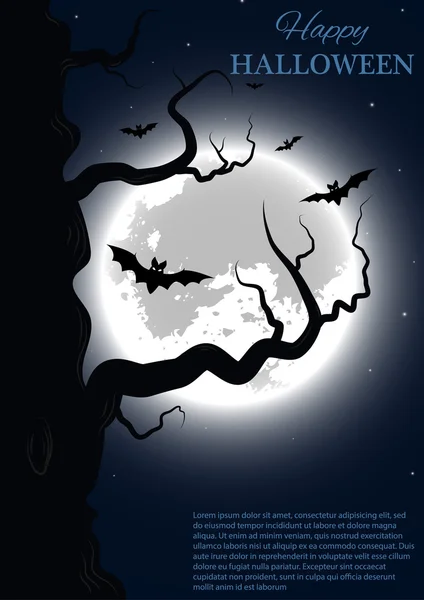 Modelo de design de festa de Halloween. Ilustração vetorial com silhueta de árvore na lua cheia —  Vetores de Stock