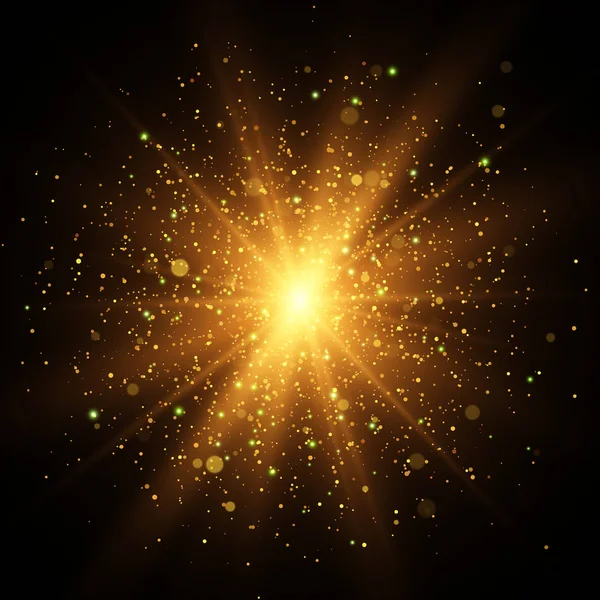 Efecto luz. Estrella reventó con destellos. Textura de brillo dorado — Vector de stock