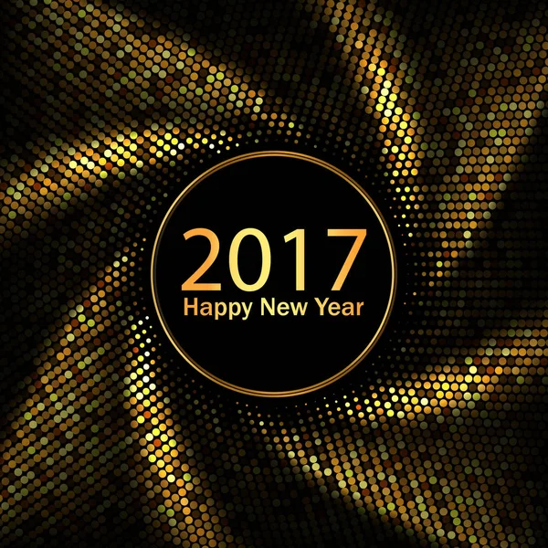 Feliz Año Nuevo 2017 tarjeta de felicitación. Efecto remolino. Fondo vector oro — Archivo Imágenes Vectoriales