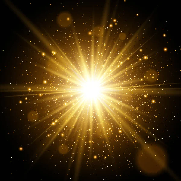 Light effect. Star burst with sparkles. Gold glitter texture — Stock Vector