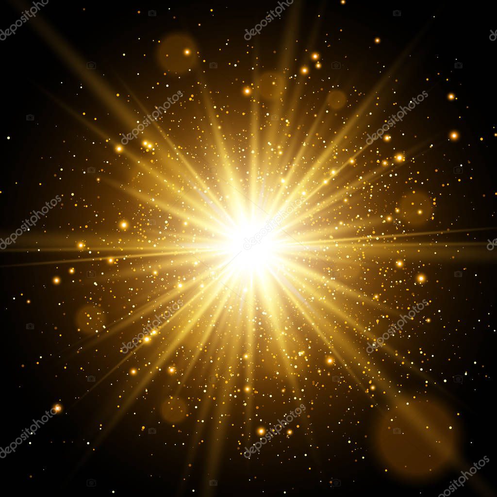 Light effect. Star burst with sparkles. Gold glitter texture — Stock