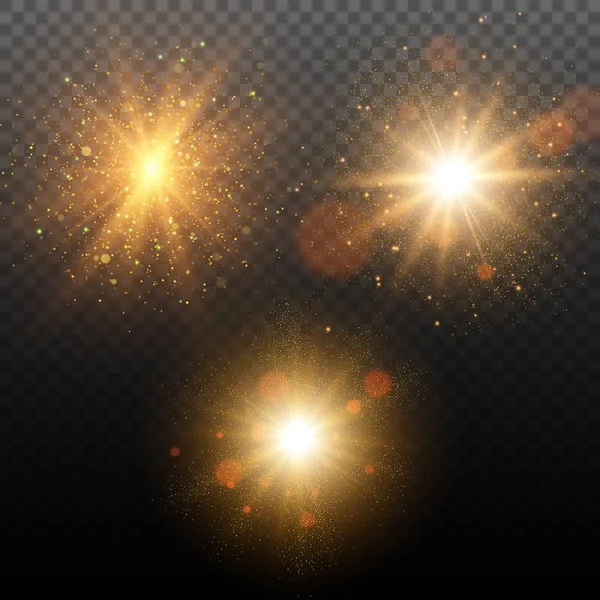 Conjunto de luces brillantes doradas efectos aislados sobre fondo transparente. Estallido de estrellas con destellos — Vector de stock