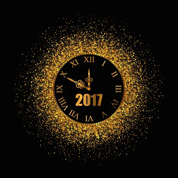 2017 Año Nuevo fondo de oro con reloj. Ilustración vectorial — Archivo Imágenes Vectoriales