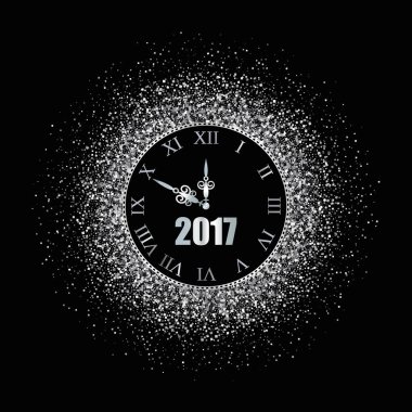 Yeni yıl 2017. Gümüş Sim arka plan ile masa saati. Vektör çizim