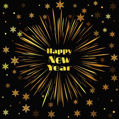 Mutlu yeni yıl kartı yıldız patlaması ve kar taneleri. Vektör çizim