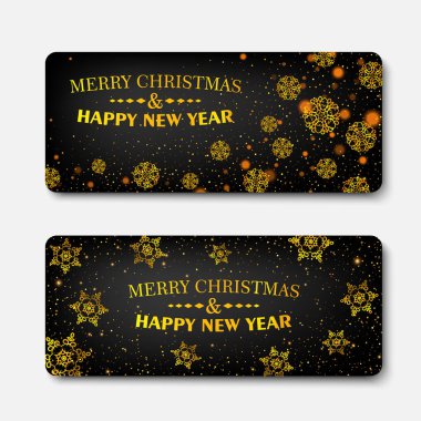 Neşeli Noel ve mutlu yeni yıl afiş ayarlayın. Arka plan siyah ve altın