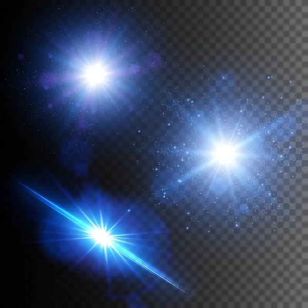 Luces brillantes efectos aislados sobre fondo transparente. Estrella reventó con destellos. Juego de destellos de lente azul — Vector de stock