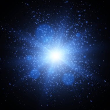 Işık efekti. Yıldız patlaması ile parıldıyor. Mavi vektör patlama
