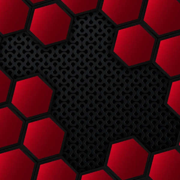 Metall bakgrund med hexagoner. Svart och röd geometrisk bakgrund. — Stock vektor