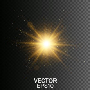 Şeffaf parlama ışık efekti. Yıldız patlaması ile parıldıyor. Altın glitter doku