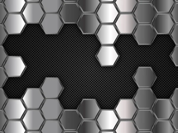 Hexagones de acero. Fondo plateado y metal negro. Ilustración abstracta del vector — Vector de stock