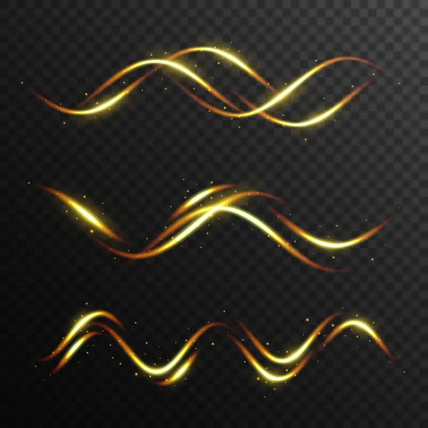 Set de ondas de brillo dorado. Efecto de luz vectorial transparente. ilustración abstracta — Vector de stock