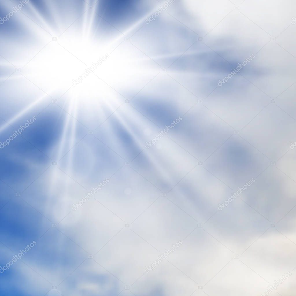 Sunny background. Blue sky with white clouds. Sun rays. Vector illustration