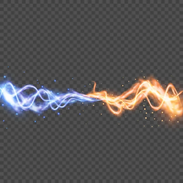 Vektör şeffaf ışık efekti. Sarı ve Mavi ışıklar ile iki güç çarpışması. Gerçekçi Lightning'ler