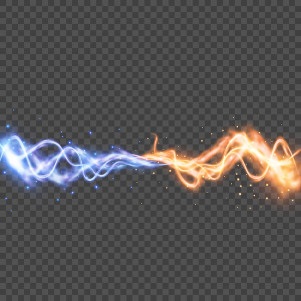Vector transparent light effect. Collision of two forces with yellow and blue lights. Realistic lightnings