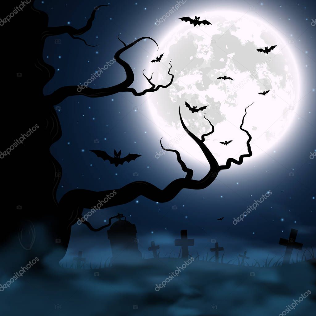 Halloween background with cemetery, tree and moon. Vector illustration