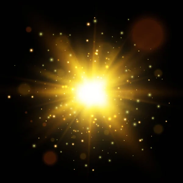 Star burst with sparkles.Vector light effect. Gold glitter texture. — Stock Vector