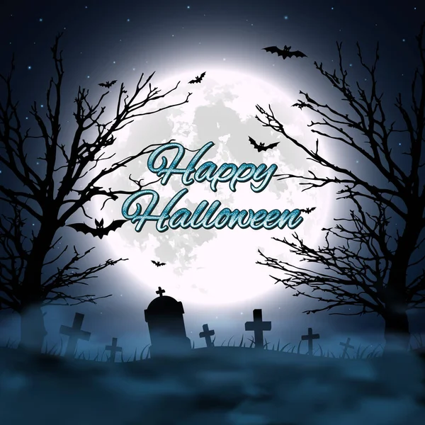 Fundo de Halloween com cemitério, árvore e lua. Ilustração vetorial —  Vetores de Stock