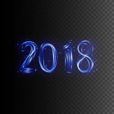 Mutlu yeni yıl 2018. Neon işareti. Vektör şeffaf parlama ışık efekti