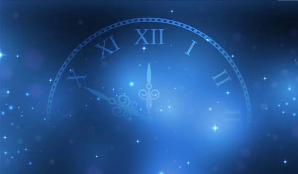 Año Nuevo 2018 azul brillo stardust fondo con reloj. Ilustración vectorial . — Vector de stock