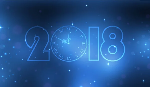 Año Nuevo 2018 azul brillo stardust fondo con reloj. Ilustración vectorial . — Archivo Imágenes Vectoriales