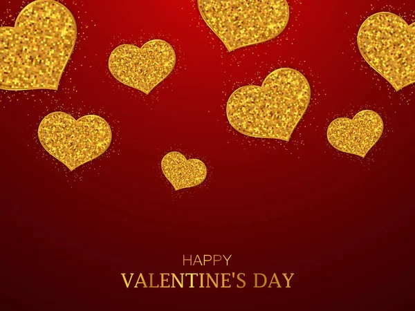 Fondo del día de San Valentín. Corazones de brillo de oro sobre fondo rojo — Archivo Imágenes Vectoriales