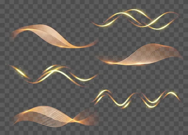 Золоті блискучі хвилі встановлені. Прозорий векторний світловий ефект. Абстрактна ілюстрація — стоковий вектор