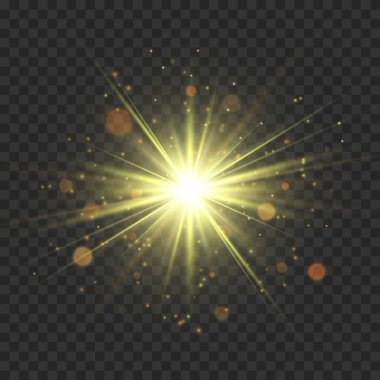 Parlayan altın yıldız ışıldıyor. Vektör parlama ışık efekti
