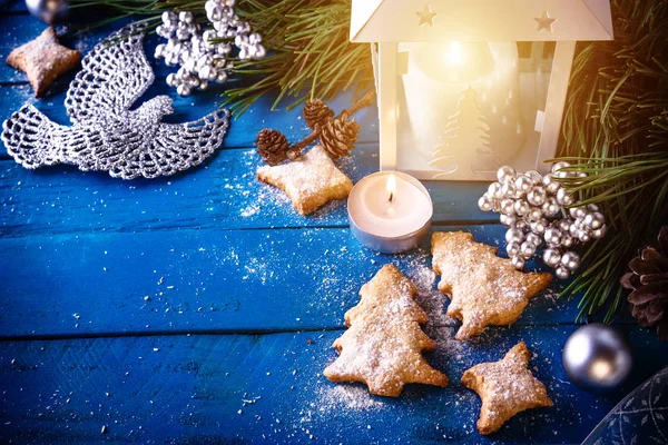 Christmas background with decorations on wooden board — Stock Photo, Image