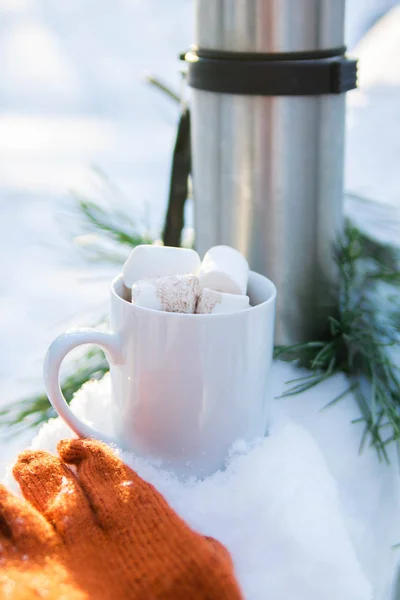 Cup of coffee with marshmallow and thermos in snow — Stock Photo, Image