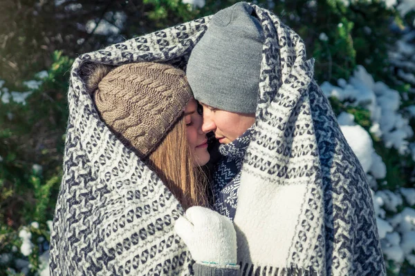 Casal apaixonado coberto com abraços de cobertor na floresta de inverno — Fotografia de Stock