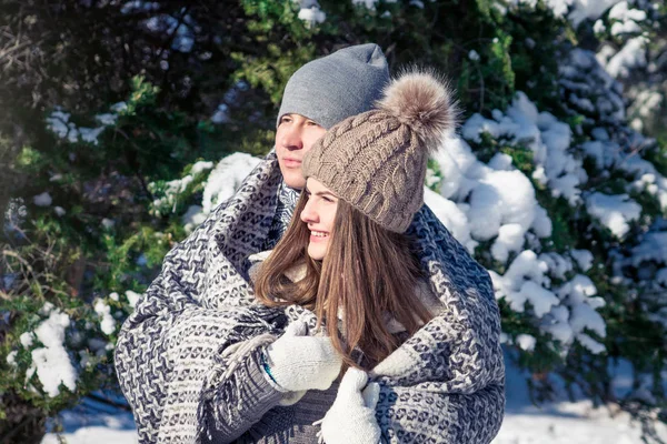 Casal apaixonado coberto com abraços de cobertor na floresta de inverno — Fotografia de Stock