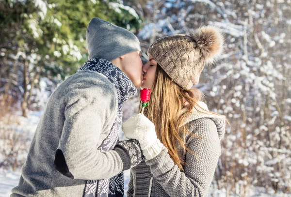 Portrait of young kissing couple in love with lollipop — Stock Photo, Image