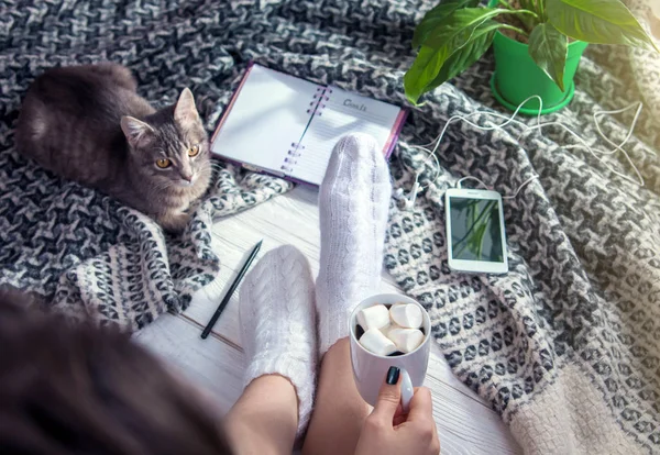 Writing goals with cat and morning coffee — Stock Photo, Image