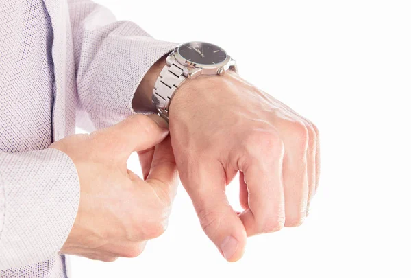 Man puts his watch on — Stock Photo, Image