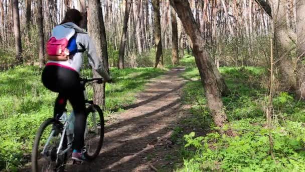 Jovem mulher montando uma bicicleta na floresta — Vídeo de Stock