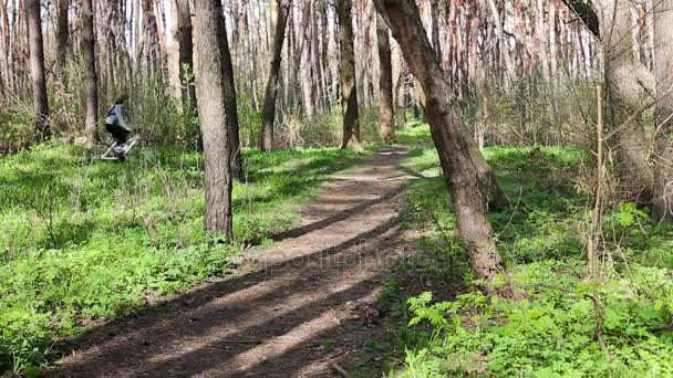 Mujer joven montando en bicicleta en el bosque — Vídeos de Stock