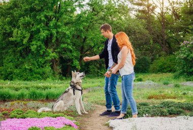 genç bir çift bir köpek parkta yürüyüş